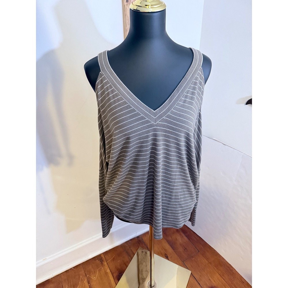 Express Cold Shoulder‎ Top Women Size M Taupe White Striped V-Neck Modal Blend